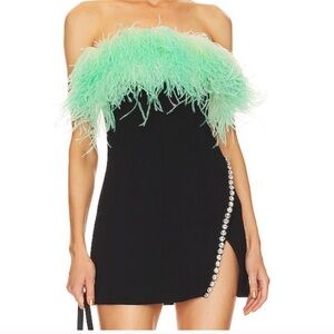Self-Portrait Black and Green Feather Strapless Dress